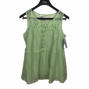 Forgotten Grace Eyelet Lace Embroidered Tank Top Green Womens Medium M Blouse